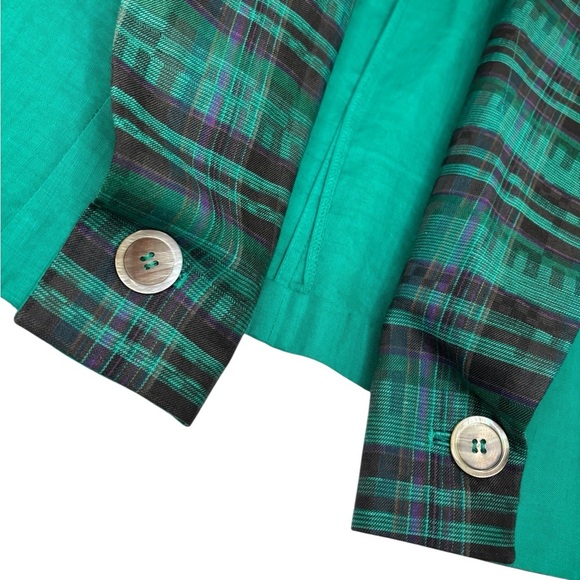 Y2K 90s ADDENDA Green Plaid Open Front Asymmetrical Crop Blazer Jacket, Small - Picture 3 of 10